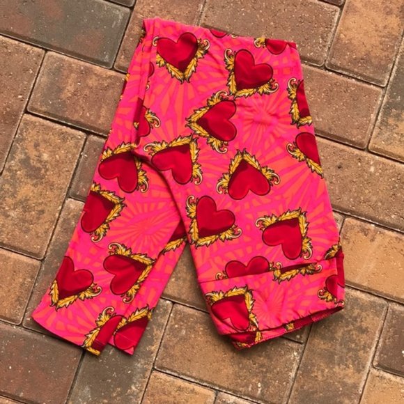 TC Valentine Hearts Pink Orange Leggings Soft & Cozy EUC - Picture 1 of 3